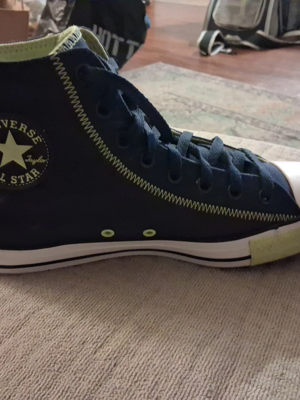 Converse Chuck Taylor High Top Sneaker in Navy with Lime Accents - Picture 1 of 4